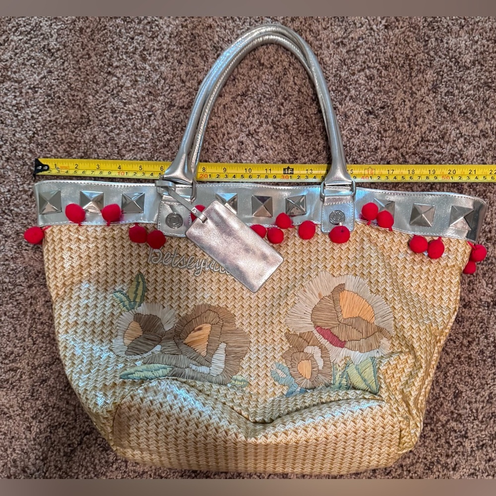 Betsey Johnson Straw Tote with Silver Trim and Red Pom Poms